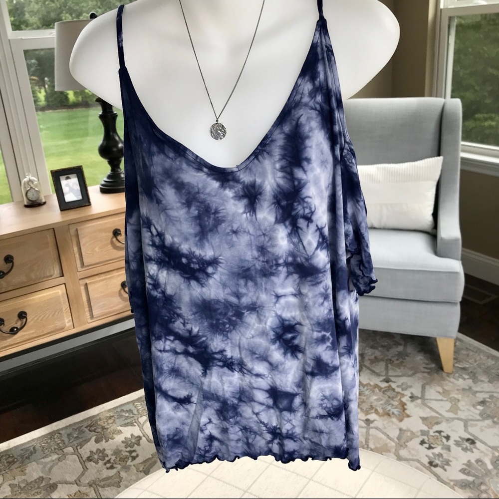 Cold-Shoulder Tie-Dye Spaghetti Strap Top in Navy Blue - Picture 2 of 7